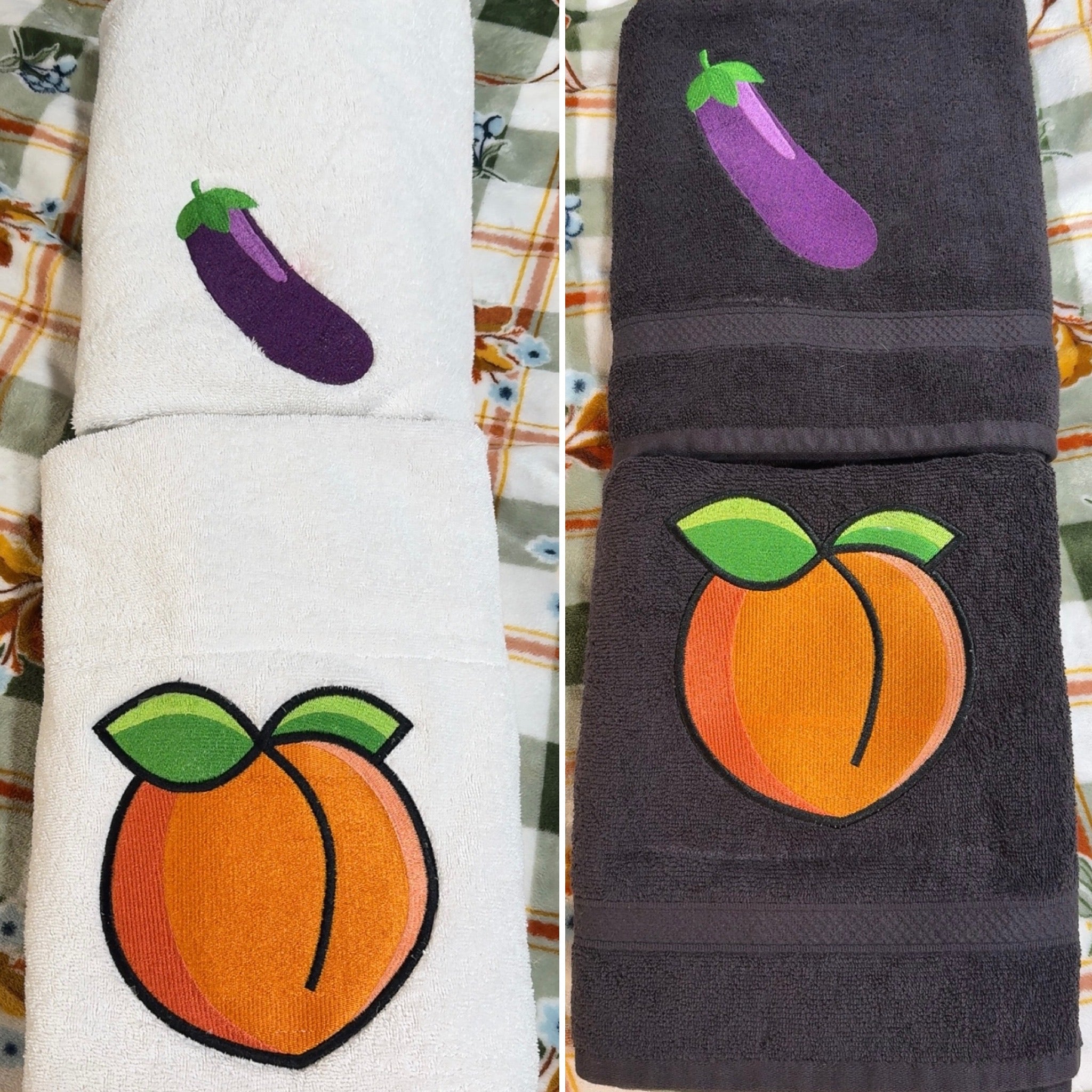 Peach & Eggplant Embroidered Bath Towel Set