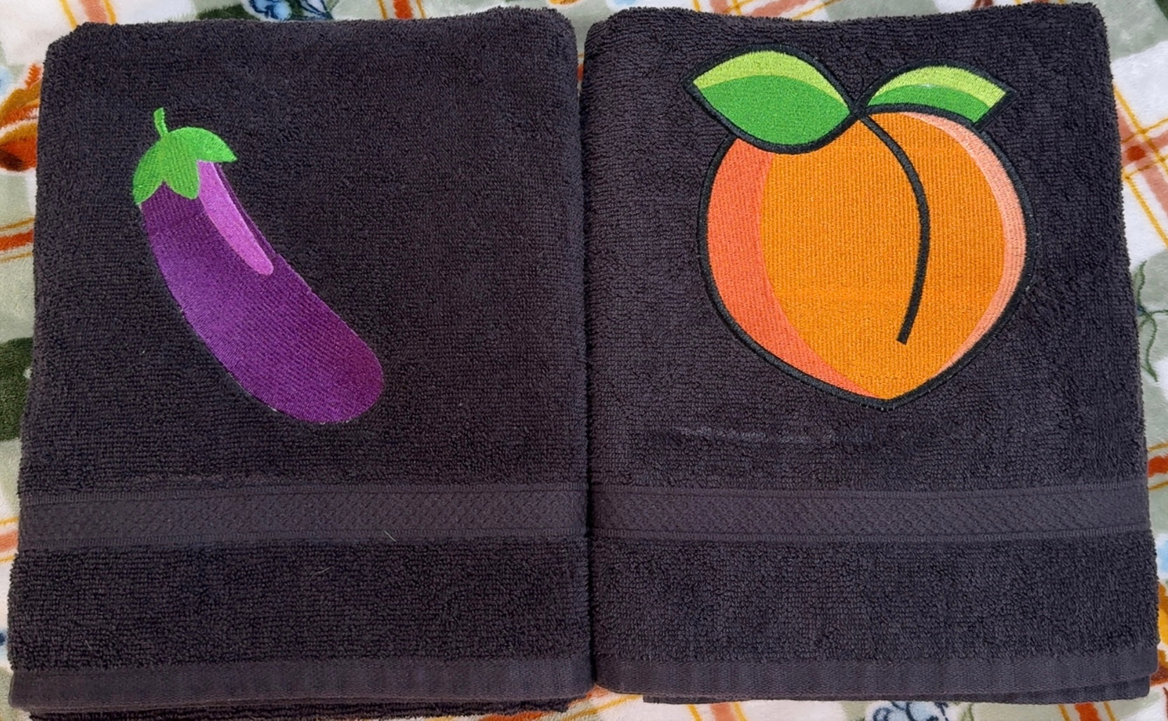Peach & Eggplant Embroidered Bath Towel Set