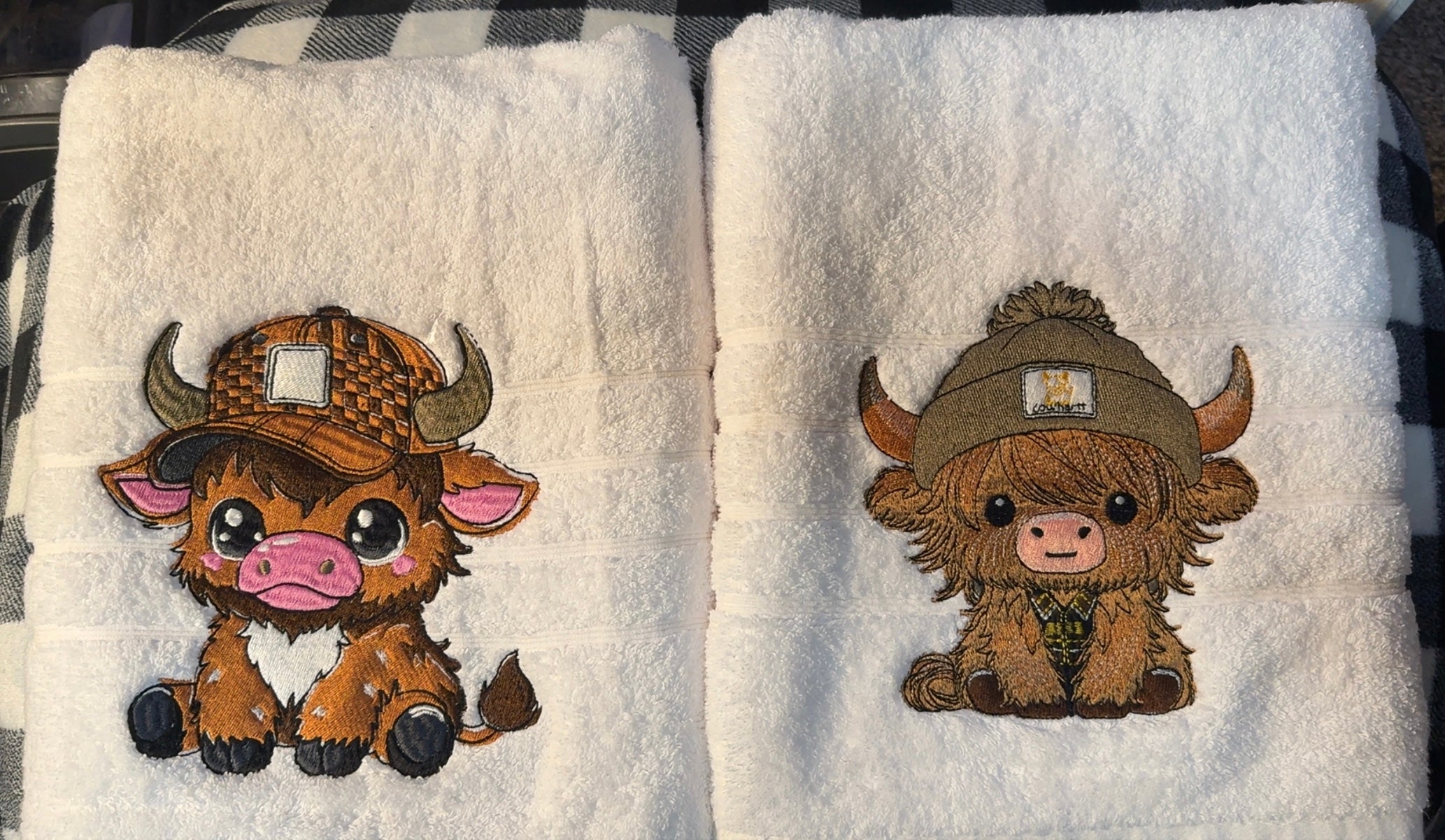 Pair of White Highland Cows Embroidered Bath Towels