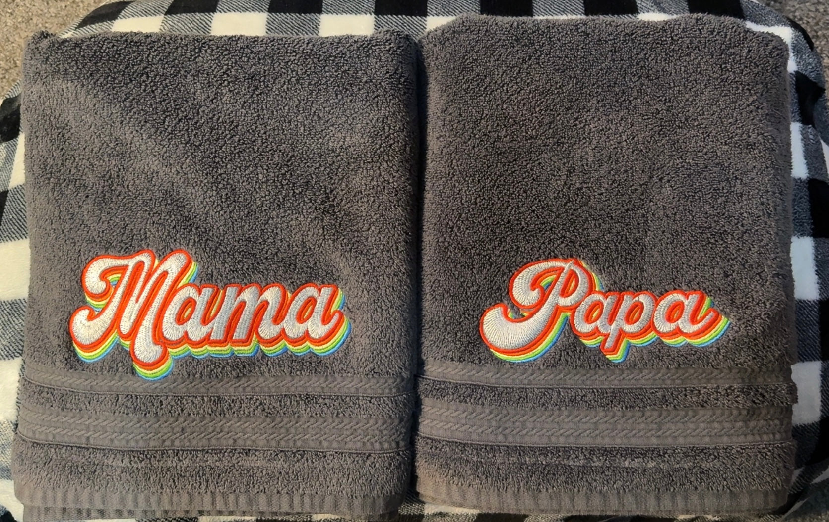 Mama & Papa Embroidered Gray Bath Towels